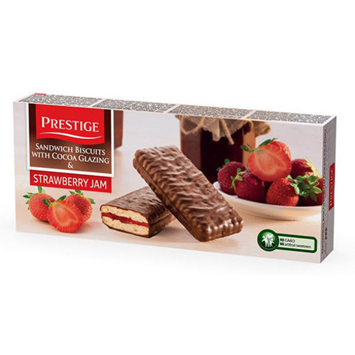 Picture of PRESTIGE Sandwich Biscuits w/ Cocoa Glazing & Strawberry Filling 200g